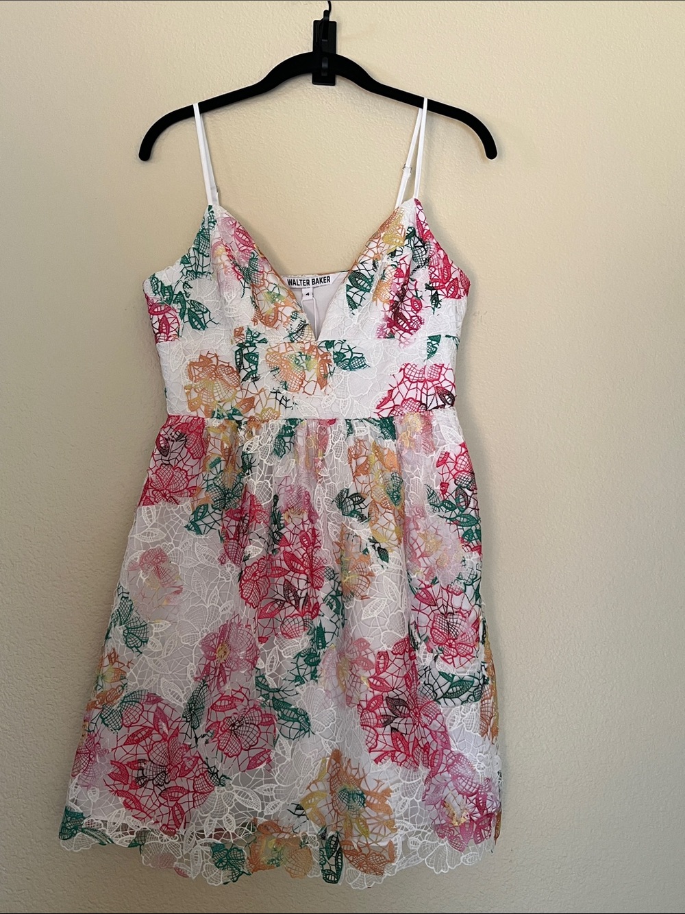 Walter Baker White Lace Floral Spaghetti-Strap Mini Dress - Pink, Green, Yellow